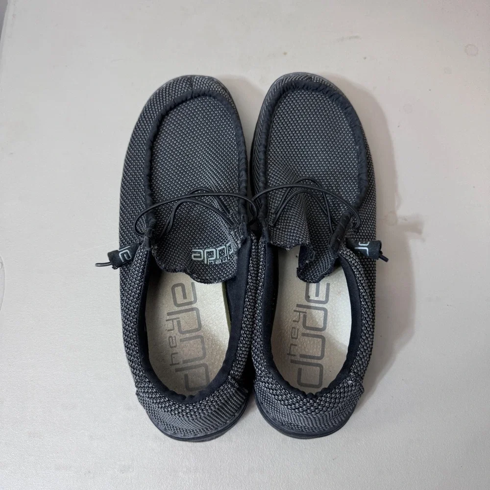 Hey Dude Wally L Sox Mens 11 Black Grey Knit Slip On Loafers Shoes